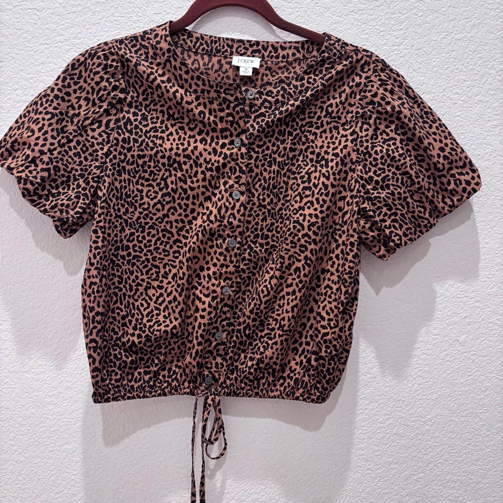 J Crew Puff Sleeve Toe Waist Button Up Leopard Top Small Animal Print